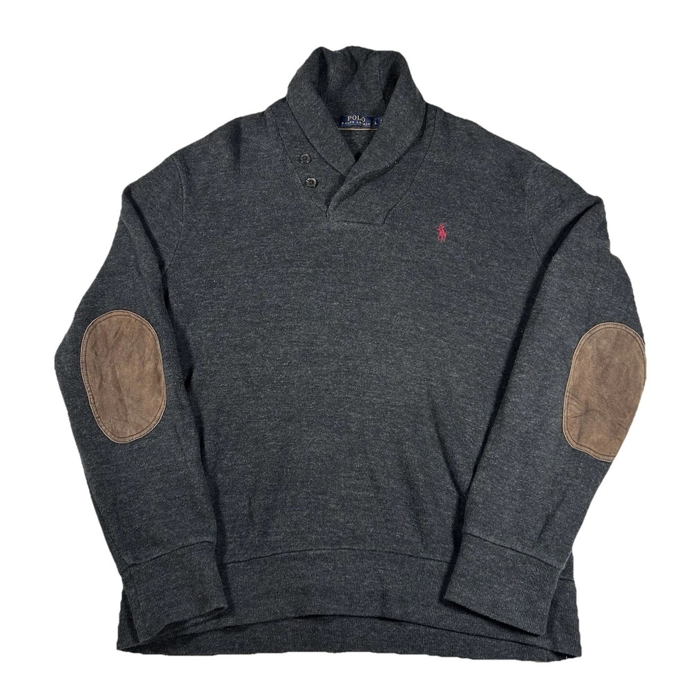 Ralph Lauren Rugby Shawl Collar Wool Sweater Mens L Grey Suede Elbow Patches